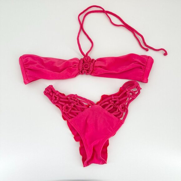 Luli Fama Swimsuit Womens Small Pink Bikini Bandeau Solid Halter Two Piece - Picture 3 of 12